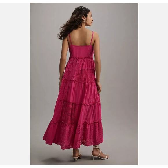 Anthropologie Bhanuni Jyoti Sleeveless Patchwork Lace Tiered Midi Dress Pink S - Picture 3 of 8